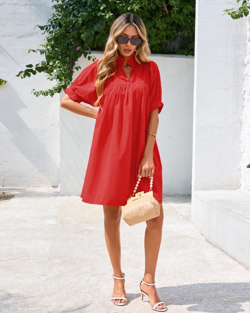 YEXPINE Women's Ruffle Collar High Neck Mini Dress Puff Short Sleeve Cotton Babydoll Peplum Dresses with Pockets Red - Image 3