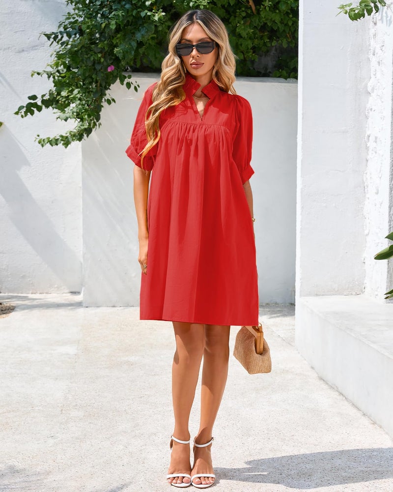 YEXPINE Women's Ruffle Collar High Neck Mini Dress Puff Short Sleeve Cotton Babydoll Peplum Dresses with Pockets Red - Image 2