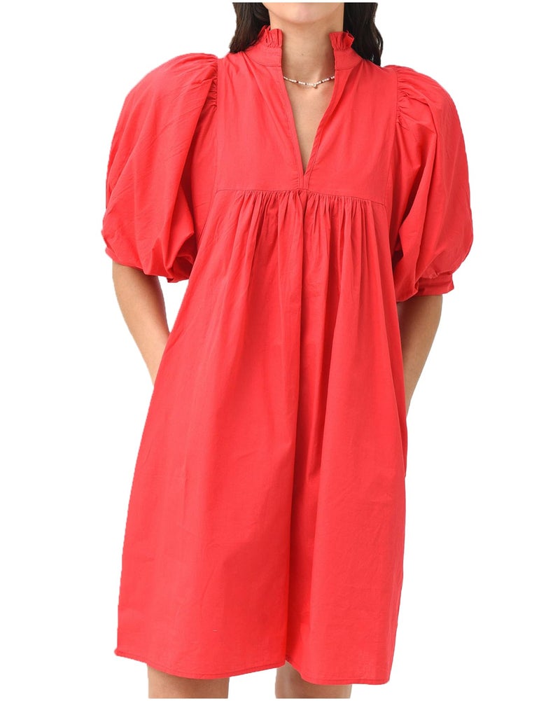 YEXPINE Women's Ruffle Collar High Neck Mini Dress Puff Short Sleeve Cotton Babydoll Peplum Dresses with Pockets Red - Image 1
