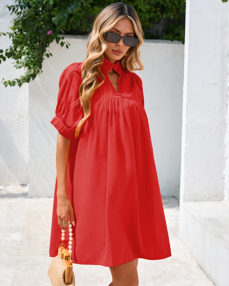 YEXPINE Women's Ruffle Collar High Neck Mini Dress Puff Short Sleeve Cotton Babydoll Peplum Dresses with Pockets Red - Image 5