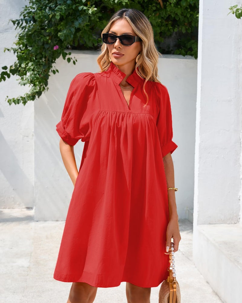 YEXPINE Women's Ruffle Collar High Neck Mini Dress Puff Short Sleeve Cotton Babydoll Peplum Dresses with Pockets Red - Image 4