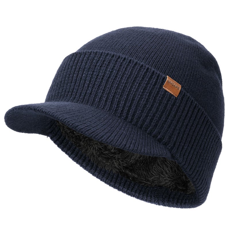 Wmcaps Mens Winter Beanie with Brim - Fleece Lined Thermal Knit Visor Hat for Cold Weather Navy Blue - Image 1