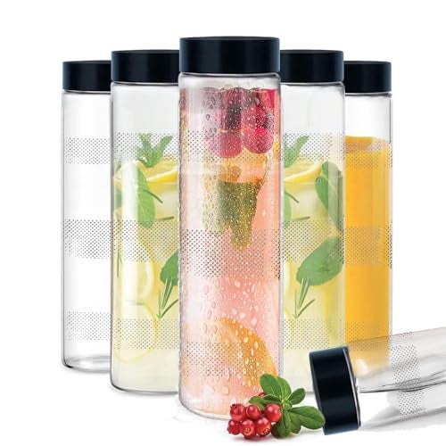 Rokzo Set Of 6 Glass Bottles Wide Mouth Glass Water Bottle with Leak-Proof Airtight black plastic Lid for Water, With Black plastic long Cap - 750ml Nextiza (Set Of 6) - Image 1