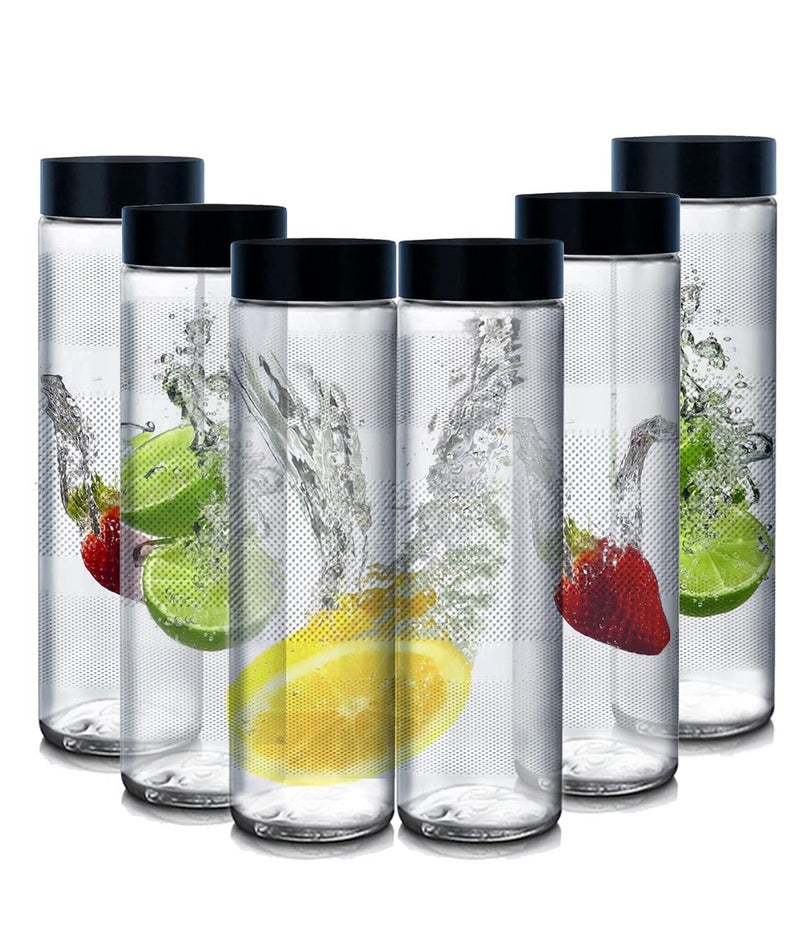 Rokzo Set Of 6 Glass Bottles Wide Mouth Glass Water Bottle with Leak-Proof Airtight black plastic Lid for Water, With Black plastic long Cap - 750ml Nextiza (Set Of 6) - Image 2