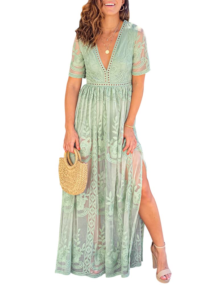Eleter Women's Romper Dress - Elegant Floral Lace V Neck Short Sleeve Boho Wedding Cocktail Party Maxi Dress (L, Sage Green) - Image 1