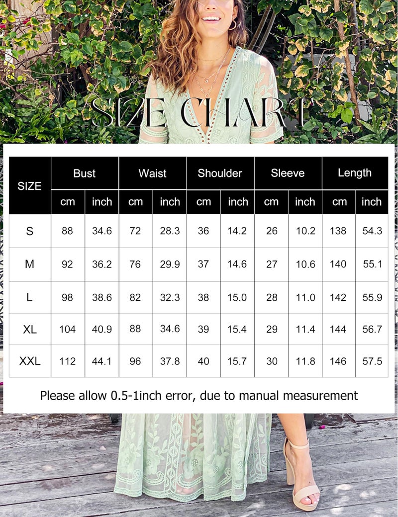Eleter Women's Romper Dress - Elegant Floral Lace V Neck Short Sleeve Boho Wedding Cocktail Party Maxi Dress (L, Sage Green) - Image 4