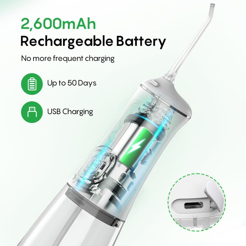 FRESKO Water Dental Flosser for Teeth, 300ML Cordless Flosser with Constant Pressure, Rechargeable Oral Irrigator Cleaner for Travel Home Use and Braces Care, IPX7 Waterproof, 5 Jet Tips - Image 5