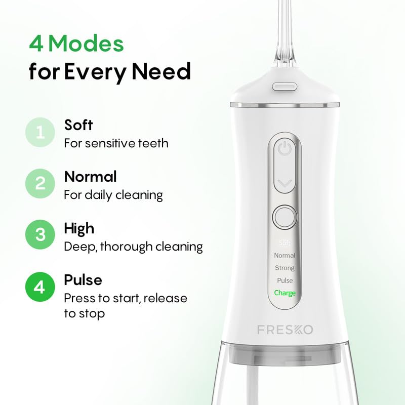 FRESKO Water Dental Flosser for Teeth, 300ML Cordless Flosser with Constant Pressure, Rechargeable Oral Irrigator Cleaner for Travel Home Use and Braces Care, IPX7 Waterproof, 5 Jet Tips - Image 4