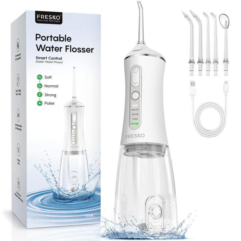 FRESKO Water Dental Flosser for Teeth, 300ML Cordless Flosser with Constant Pressure, Rechargeable Oral Irrigator Cleaner for Travel Home Use and Braces Care, IPX7 Waterproof, 5 Jet Tips - Image 1