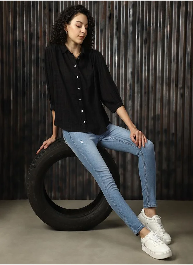 هاي ستار Women Shirts in Black featuring Oversized fit with a solid pattern, spread collar collar, collar neckline, full sleeves, secured with button closure, crafted from cotton – a must-have for those who love trendy fashion.