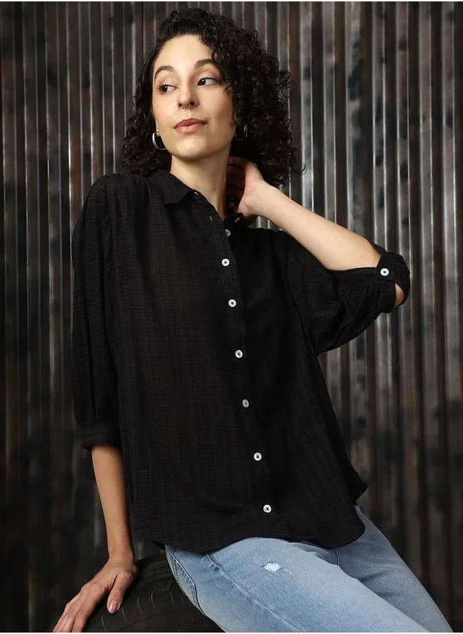 HIGH STAR Women Shirts in Black featuring Oversized fit with a solid pattern, spread collar collar, collar neckline, full sleeves, secured with button closure, crafted from cotton – a must-have for those who love trendy fashion.