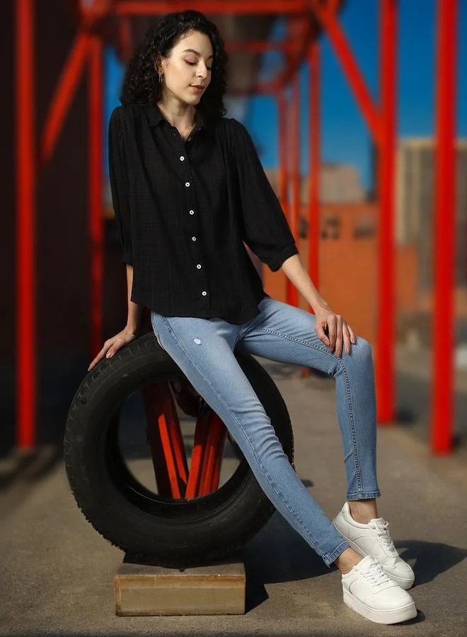 HIGH STAR Women Relaxed Spread Collar Textured Cotton Oversized Casual Shirt