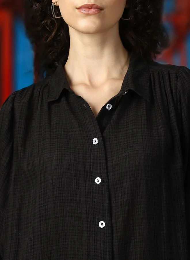 HIGH STAR Women Relaxed Spread Collar Textured Cotton Oversized Casual Shirt