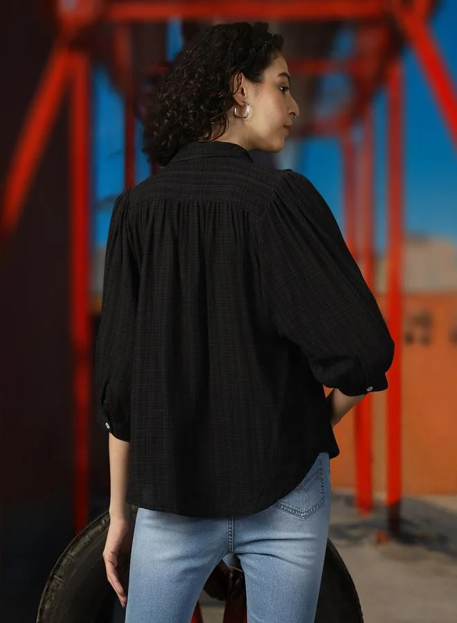 HIGH STAR Women Relaxed Spread Collar Textured Cotton Oversized Casual Shirt