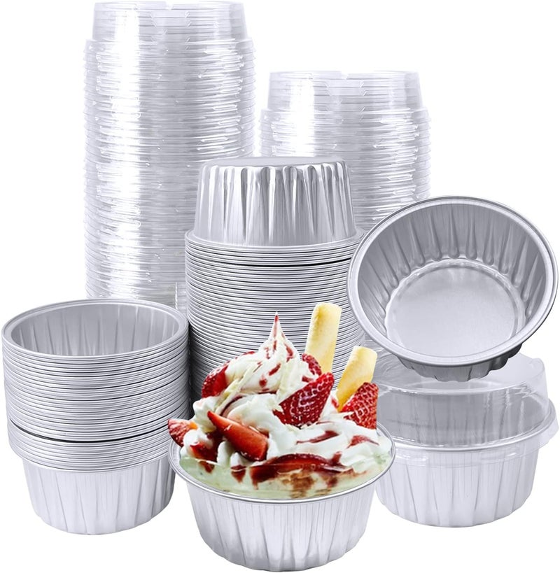 Augoog 100Pcs Aluminum Cups with Lids,5oz Disposable Ramekin Baking Cups Muffin Liners Mini Pie Pans Foil Cupcake Containers for Christmas Party Wedding,Silver - Image 1