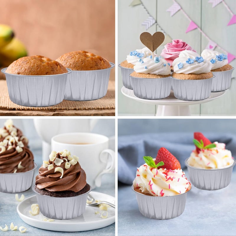 Augoog 100Pcs Aluminum Cups with Lids,5oz Disposable Ramekin Baking Cups Muffin Liners Mini Pie Pans Foil Cupcake Containers for Christmas Party Wedding,Silver - Image 4