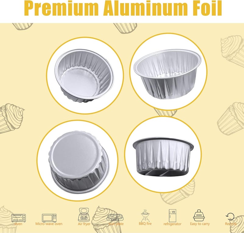 Augoog 100Pcs Aluminum Cups with Lids,5oz Disposable Ramekin Baking Cups Muffin Liners Mini Pie Pans Foil Cupcake Containers for Christmas Party Wedding,Silver - Image 3