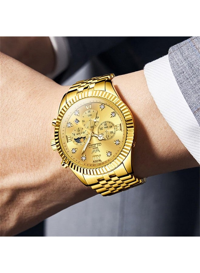 OLEVS Watch for Men Analog Quartz Stainless Steel Moon Phase Calendar Chronograph Diamond Watches Waterproof Wrist Watch Luminous Gold - Image 3