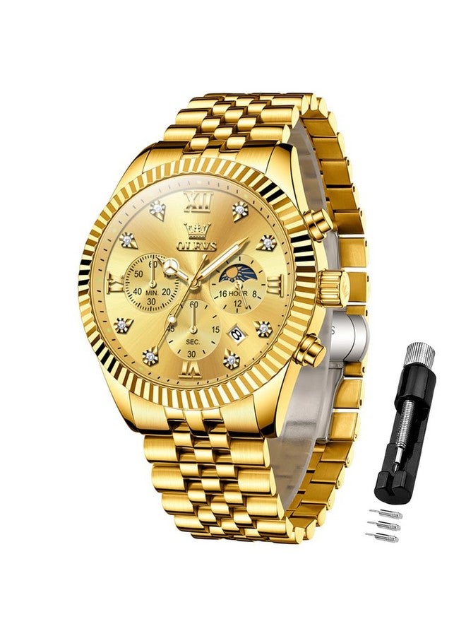 OLEVS Watch for Men Analog Quartz Stainless Steel Moon Phase Calendar Chronograph Diamond Watches Waterproof Wrist Watch Luminous Gold - Image 1