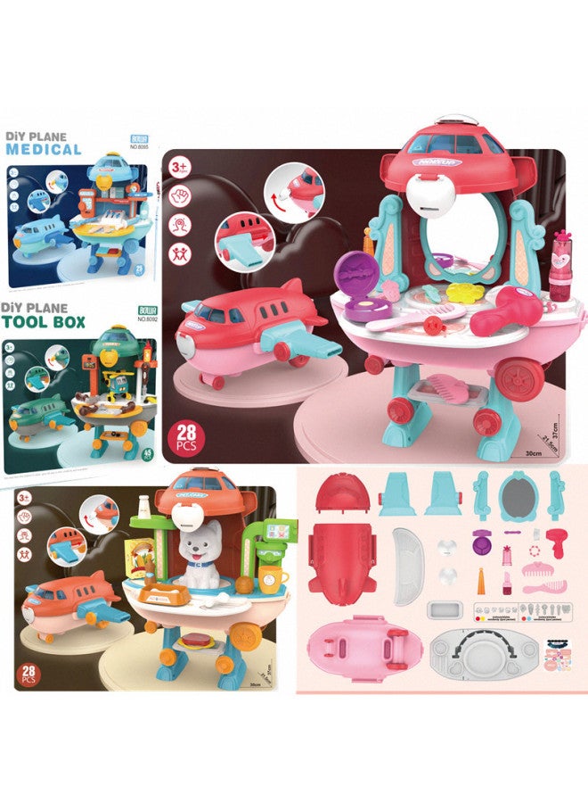 Children Play House Cartoon Aircraft Medical Equipment Pet Tableware Tool Dresser Suit Toys-Color:8093 Aircraft Tableware Table - Image 2