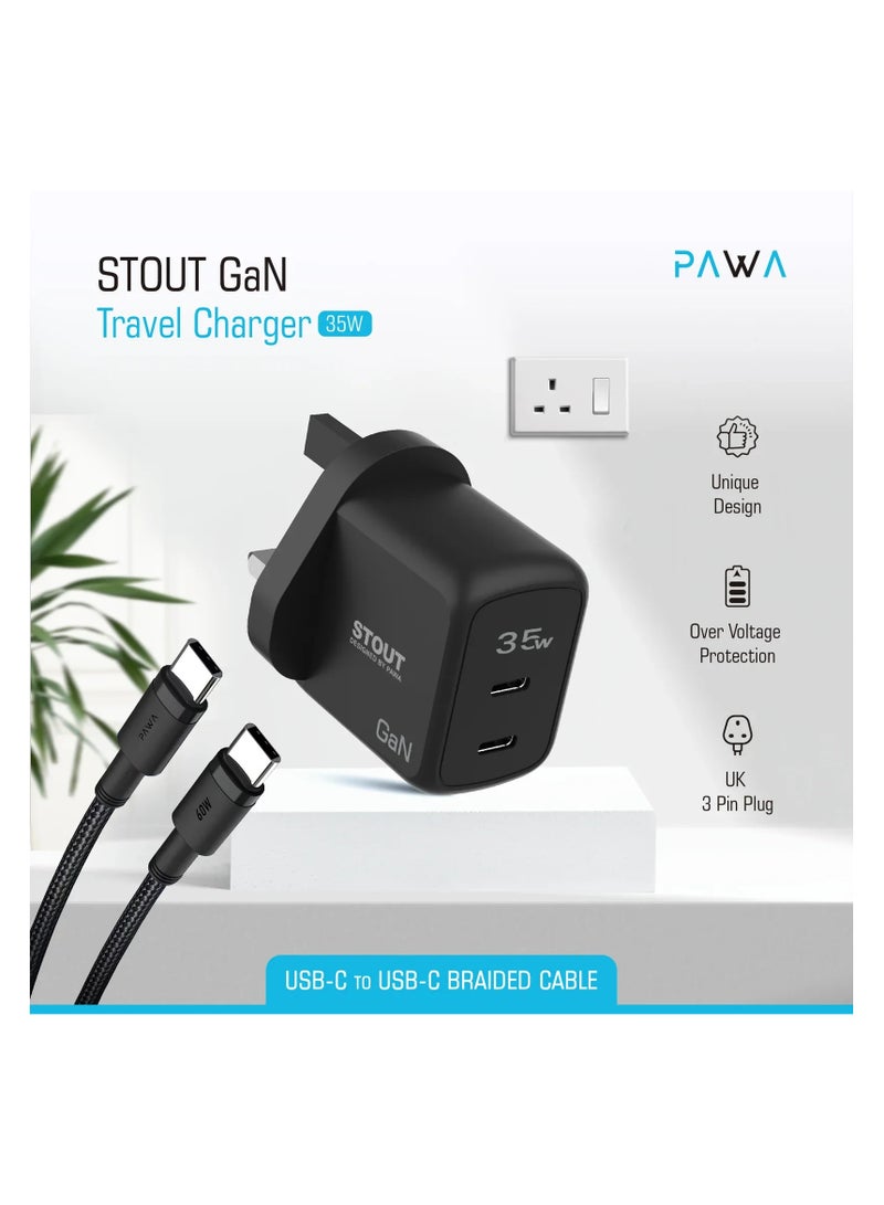 باوا شاحن سفر Stout Gan بمنفذ PD واحد 35 وات من النوع C إلى C / حماية من التفريغ / شحن سريع / تصميم فريد / حماية من زيادة التيار / حماية من درجات الحرارة المنخفضة - أسود - Image 2