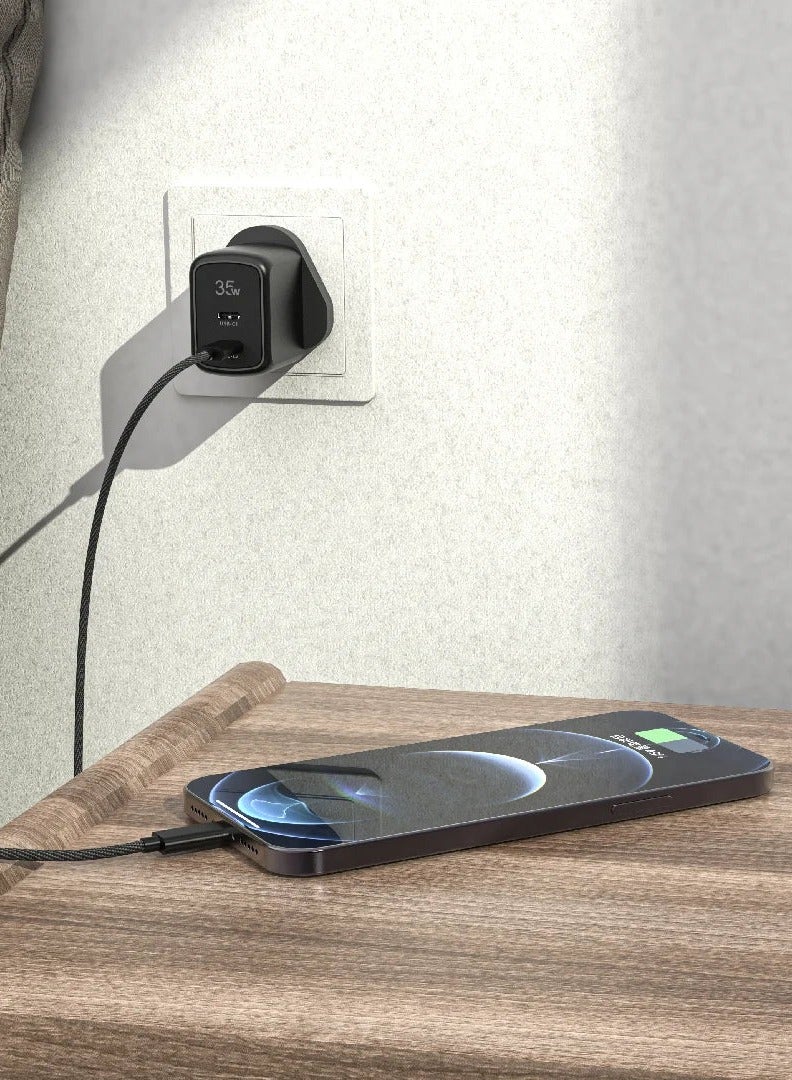 باوا شاحن سفر Stout Gan بمنفذ PD واحد 35 وات من النوع C إلى C / حماية من التفريغ / شحن سريع / تصميم فريد / حماية من زيادة التيار / حماية من درجات الحرارة المنخفضة - أسود - Image 3