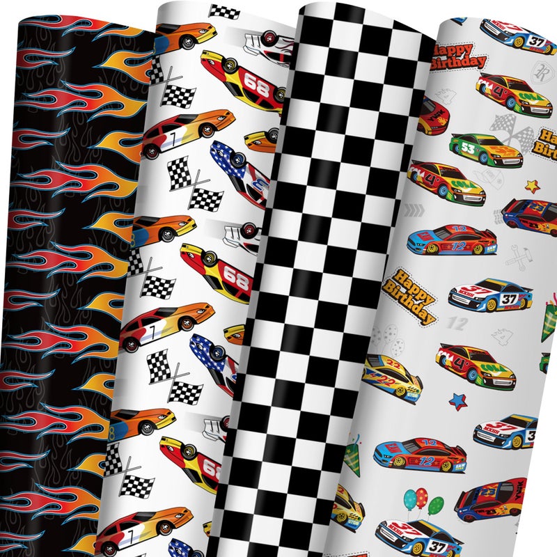 ZINTBIAL Race Car Wrapping Paper for Kids Birthday Flames Checkered Flags Colorful Racing Cars and Happy Birthday Words Designs 20 x 29 Inches 8 Folded Sheets Easy to Store