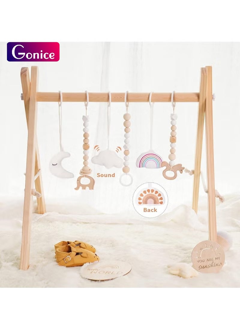 Gonice Baby Play Gym Wooden Baby Gym with 6 Toys Foldable Play Gym Frame Activity Gym Hanging Bar, Baby Toy Natural Wood Play Gym Baby Exercise Activity Gym Hanging Bar Newborn Baby Gift  - Image 1