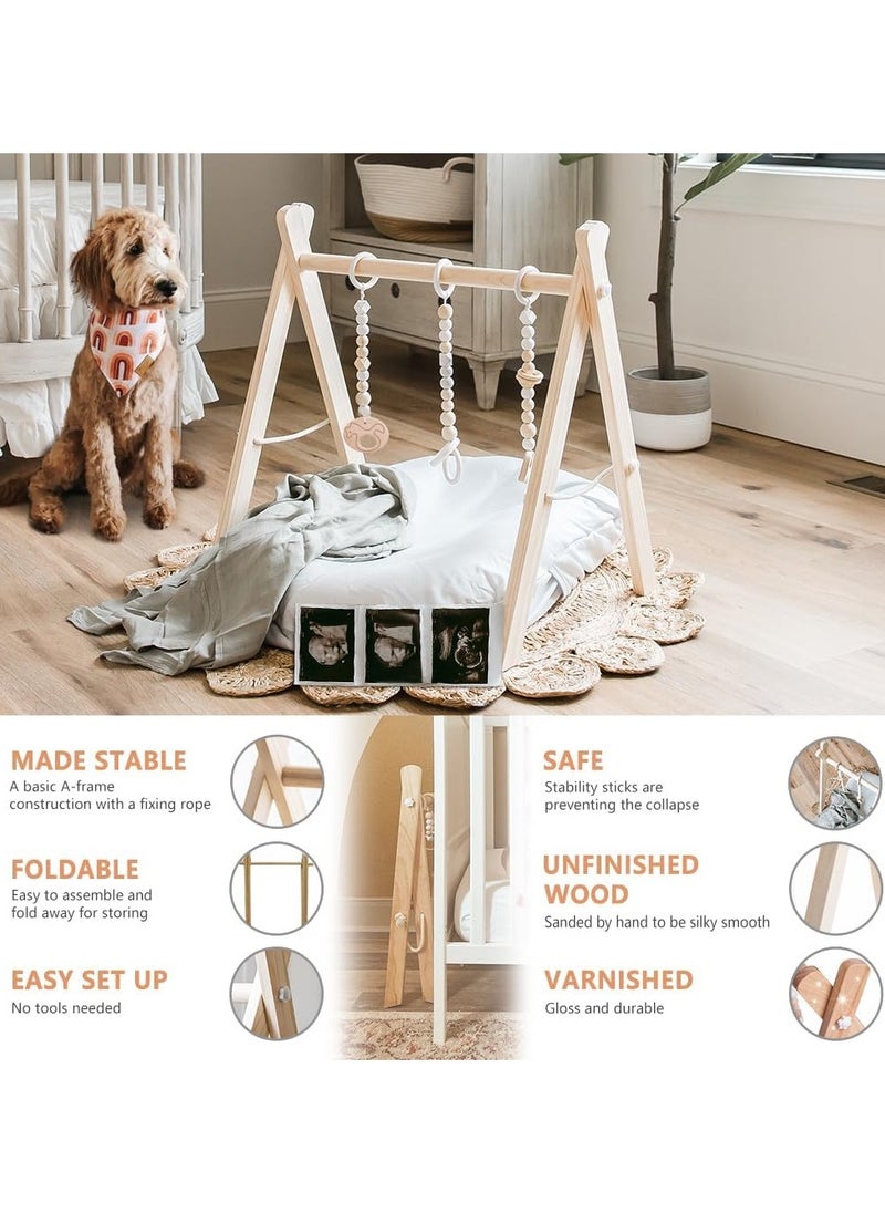 Gonice Baby Play Gym Wooden Baby Gym with 6 Toys Foldable Play Gym Frame Activity Gym Hanging Bar, Baby Toy Natural Wood Play Gym Baby Exercise Activity Gym Hanging Bar Newborn Baby Gift  - Image 3