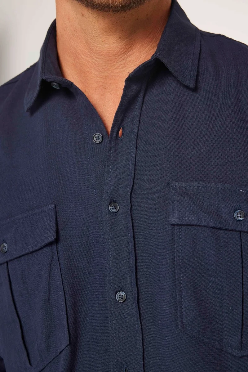 تودورس Men's Classic Fit Regular Cut Long Sleeve 100% Cotton Linen Texture Double Pocket Navy Blue Shirt