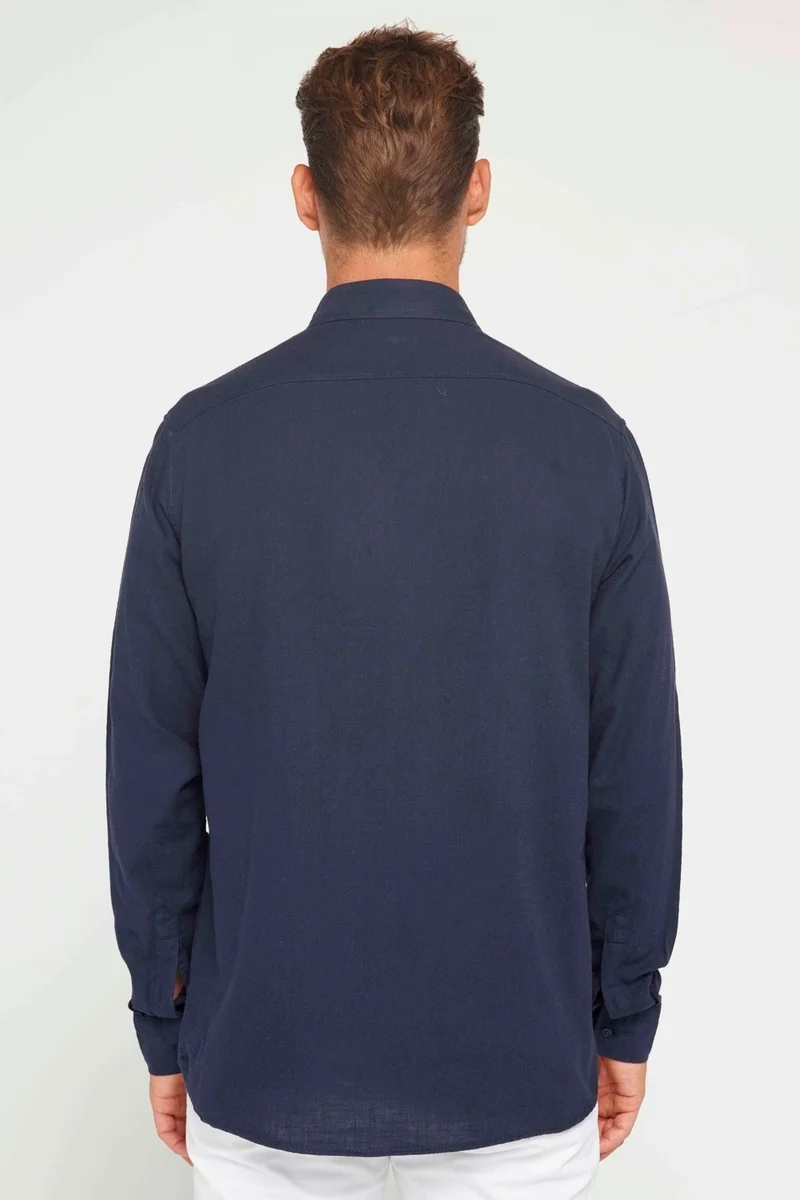 تودورس Men's Classic Fit Regular Cut Long Sleeve 100% Cotton Linen Texture Double Pocket Navy Blue Shirt