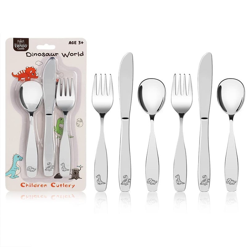 Lehoo Castle Lehoo Castle Kids Silverware Stainless Steel 6 Piece Toddler Spoons and Forks Knife Set Metal Kids Cutlery Set Toddler Utensils Self Feeding Dinosaur World 