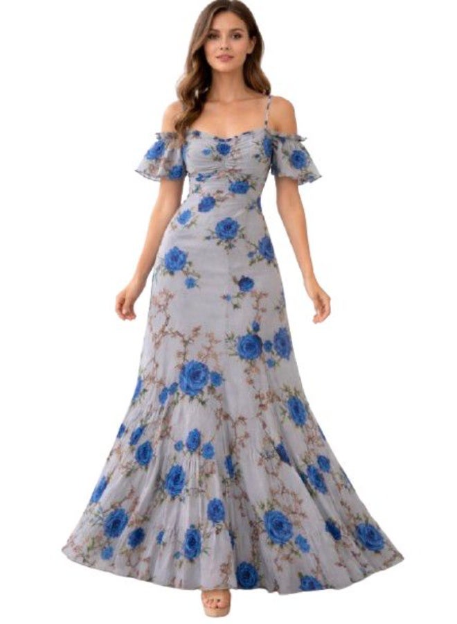 Floral Chiffon Maxi Dress Off Shoulder with Ruffle Sleeves – Small & Medium – Fits Up to 60 KG – Elegant Occasion Dress - Image 1