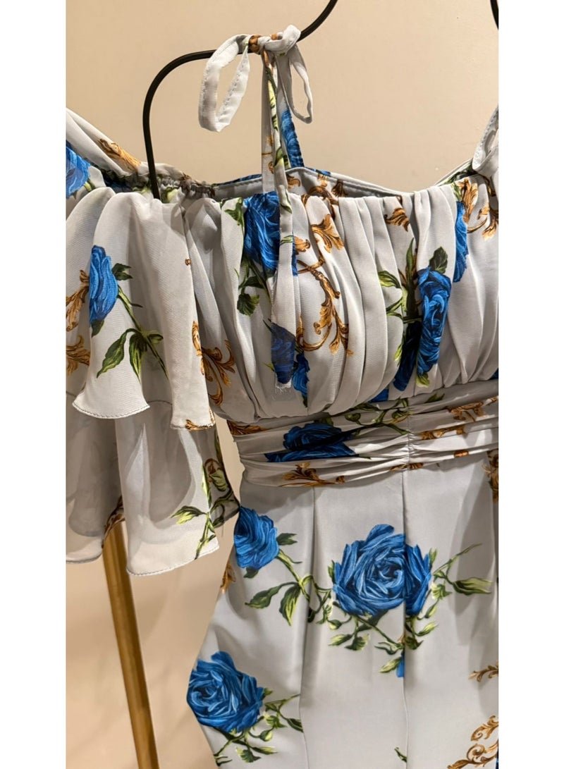 Floral Chiffon Maxi Dress Off Shoulder with Ruffle Sleeves – Small & Medium – Fits Up to 60 KG – Elegant Occasion Dress - Image 2