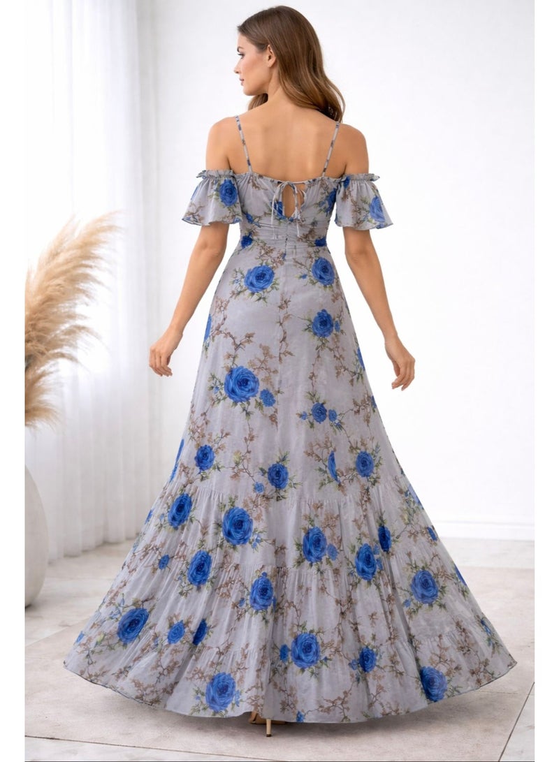 Floral Chiffon Maxi Dress Off Shoulder with Ruffle Sleeves – Small & Medium – Fits Up to 60 KG – Elegant Occasion Dress - Image 3