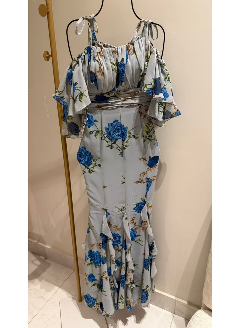 Floral Chiffon Maxi Dress Off Shoulder with Ruffle Sleeves – Small & Medium – Fits Up to 60 KG – Elegant Occasion Dress - Image 4