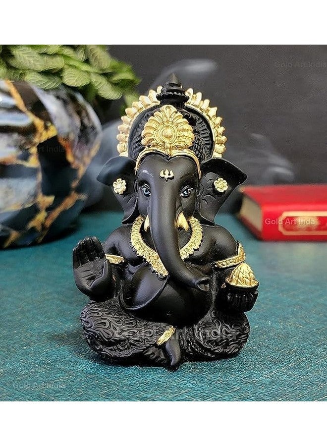 Gold Art India Terracotta Black Ganesh Idol for Car Dashboard Small Ganesha Murti Ganpati Idol for Home Decor Puja Lord Ganesh Statue Gift for Office Desk Puja Room Figurine 3.5 X 2 Inches, Idol - Image 1