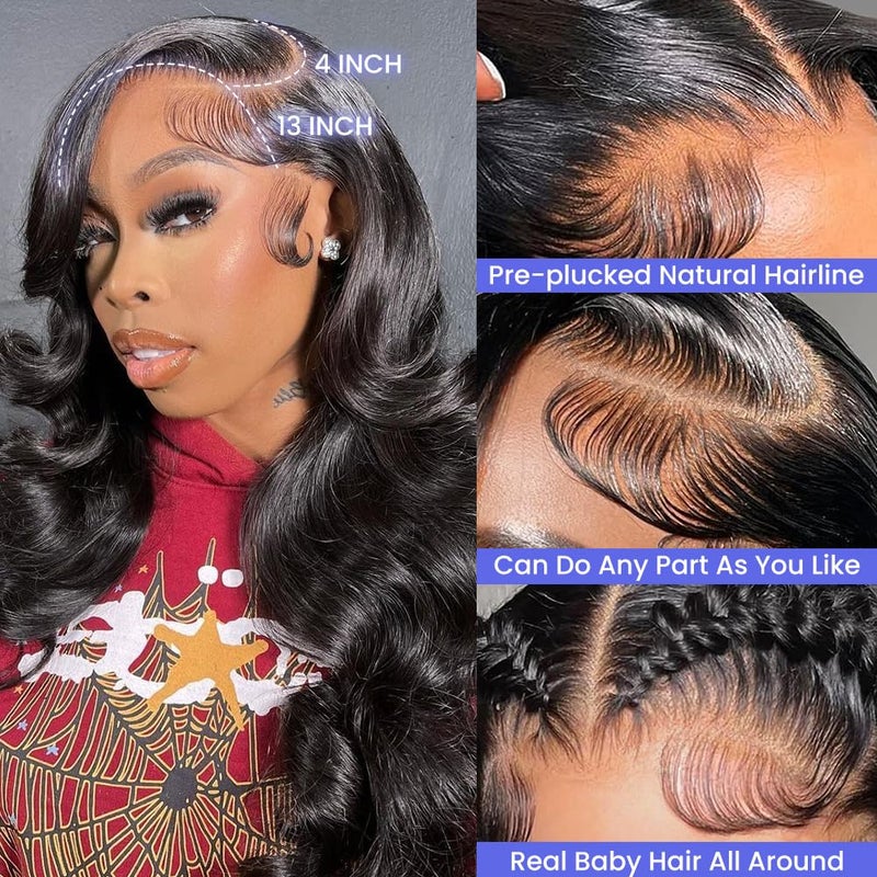 FASCARA 13x4 Body Wave Lace Front Wigs Human Hair Pre Plucked 180% Density HD Transparent Lace Frontal Wigs for Women, 9A, Small Bleached Knots, with Baby Hair, 18 Inch, Natural Color - Image 2