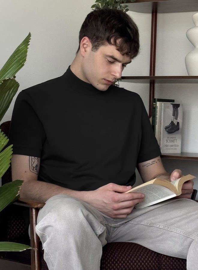COOFANDY Mens Mock Turtleneck Shirts Casual Premium Cotton Short Sleeve Shirt 2025 Basic Half Neck T-Shirts, Black, XXL - Image 3