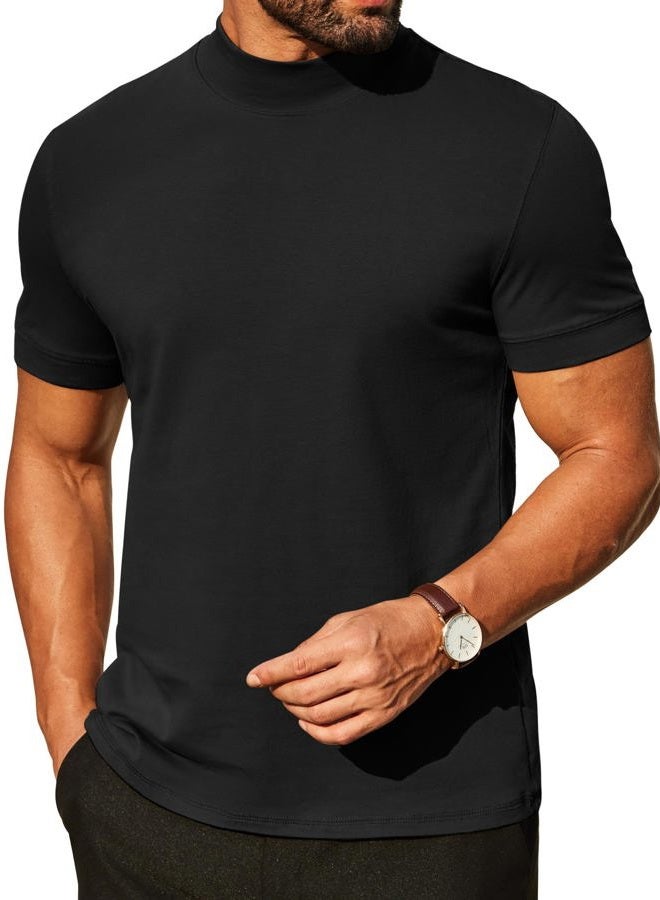 COOFANDY Mens Mock Turtleneck Shirts Casual Premium Cotton Short Sleeve Shirt 2025 Basic Half Neck T-Shirts, Black, XXL - Image 1