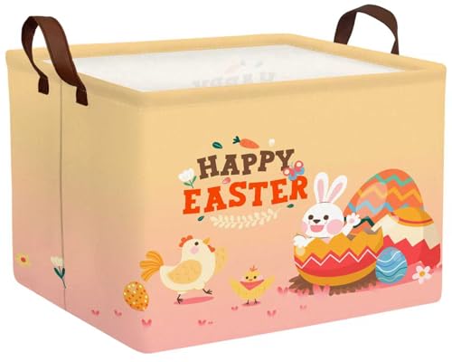 BOOHIT Large Easter Baskets Empty Boy Toy Storage Bin Girls collapsible kid Hamper Baby Waterproof Storage Box Spring Gifts DecorHAPPY Rabbit Little Yellow Chicken - Image 1