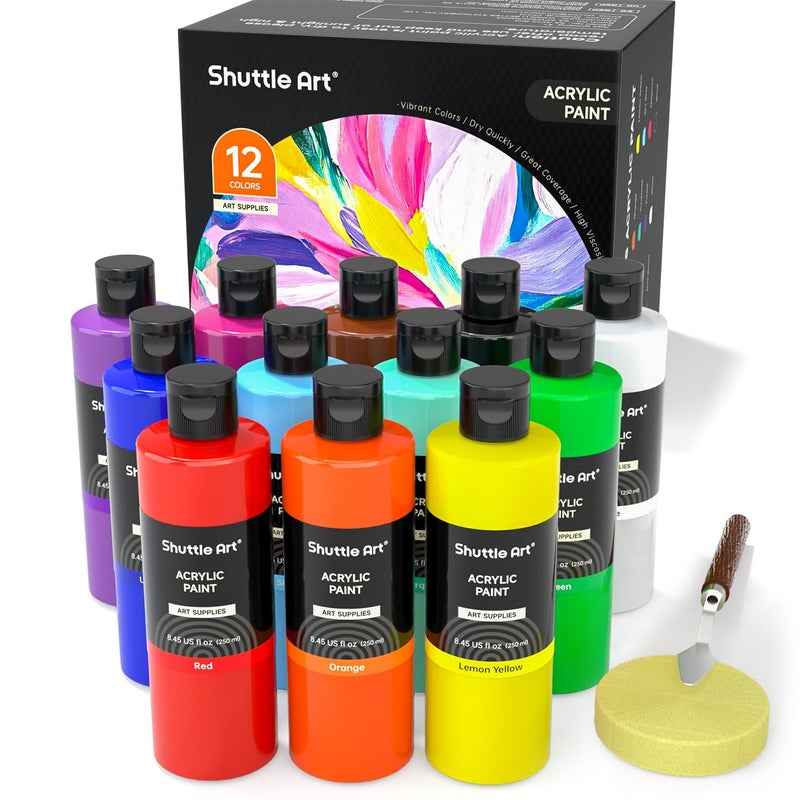 Shuttle Art 12 Colors Acrylic Paint 250ml845oz Bottles Acrylic Paint Set Rich Pigments Bulk Painting Supplies for Artists Beginners and Kids Painting on Rocks Crafts Canvas Wood - Image 2