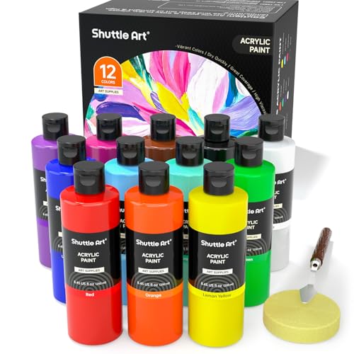 Shuttle Art 12 Colors Acrylic Paint 250ml845oz Bottles Acrylic Paint Set Rich Pigments Bulk Painting Supplies for Artists Beginners and Kids Painting on Rocks Crafts Canvas Wood - Image 1