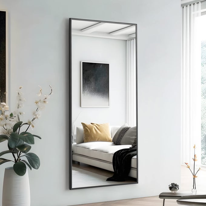 FULL LENGTH MIRROR STANDING HANGING OR LEANING AGAINST WALL LARGE RECTANGLE BEDROOM MIRROR FLOOR MIRROR DRESSING MIRROR WALLMOUNTED MIRROR ALUMINUM ALLOY THIN FRAME BLACK 63X20