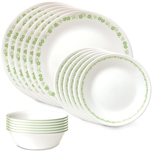 Corelle Vitrelle 18 Piece Glass Dinnerware Sets Service for 6, Triple Layer Chip & Crack Resistant Glass Plate and Bowl Sets, Spring Blossom Green - Image 1