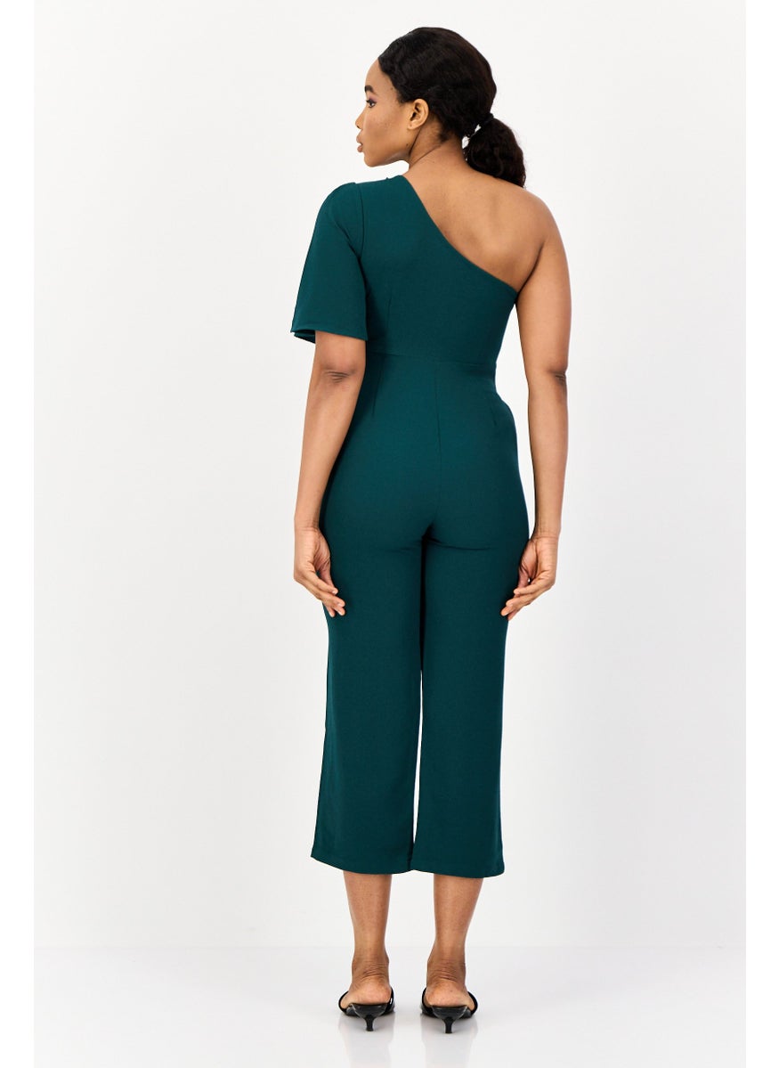 ONLY Women Textured One Shoulder Jumpsuits, Teal Green  - Image 3