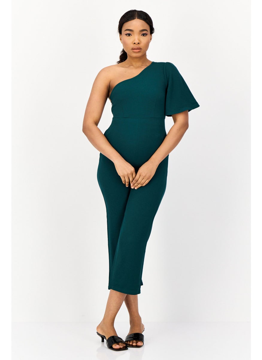 ONLY Women Textured One Shoulder Jumpsuits, Teal Green  - Image 1