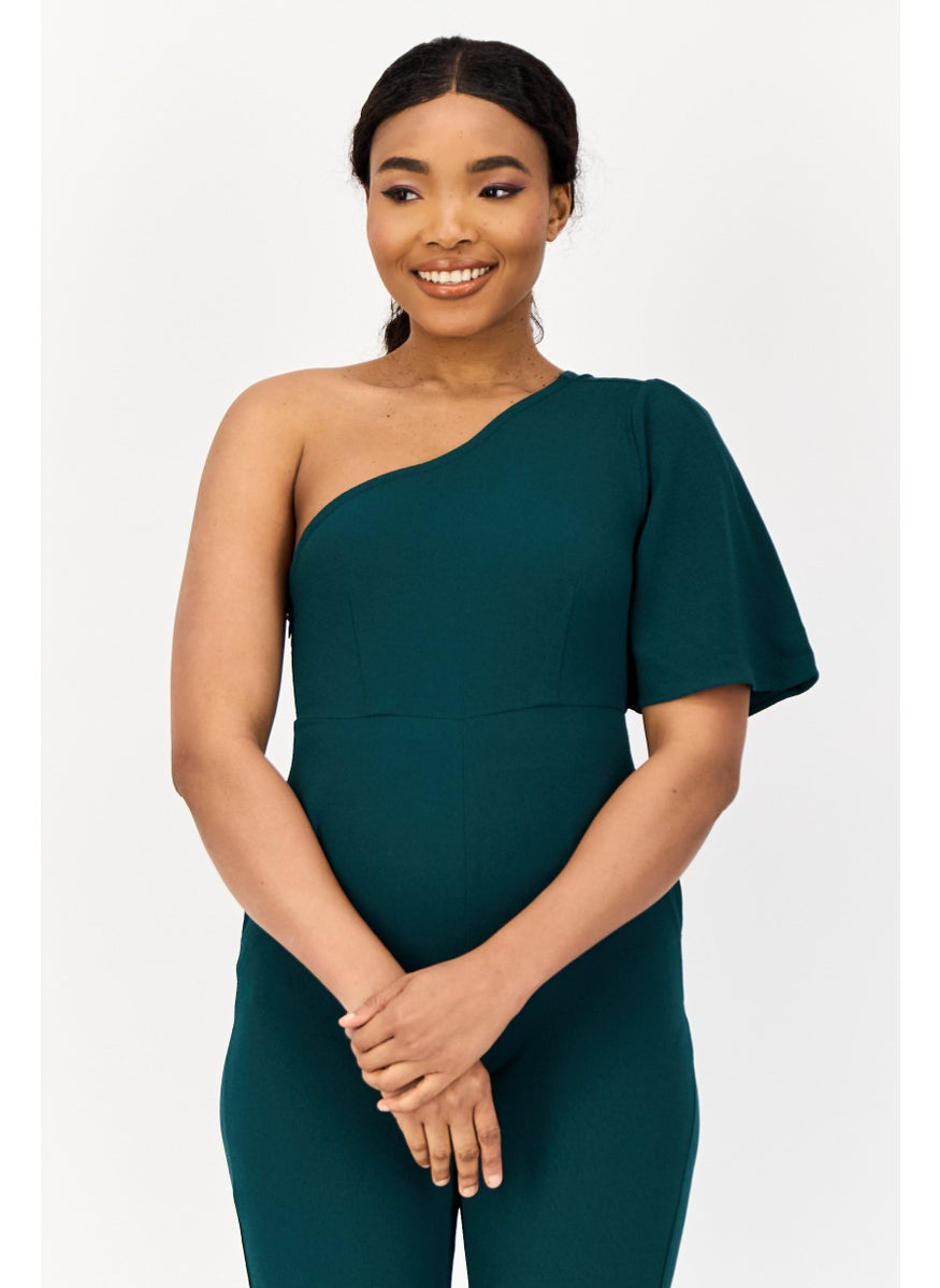 ONLY Women Textured One Shoulder Jumpsuits, Teal Green  - Image 4