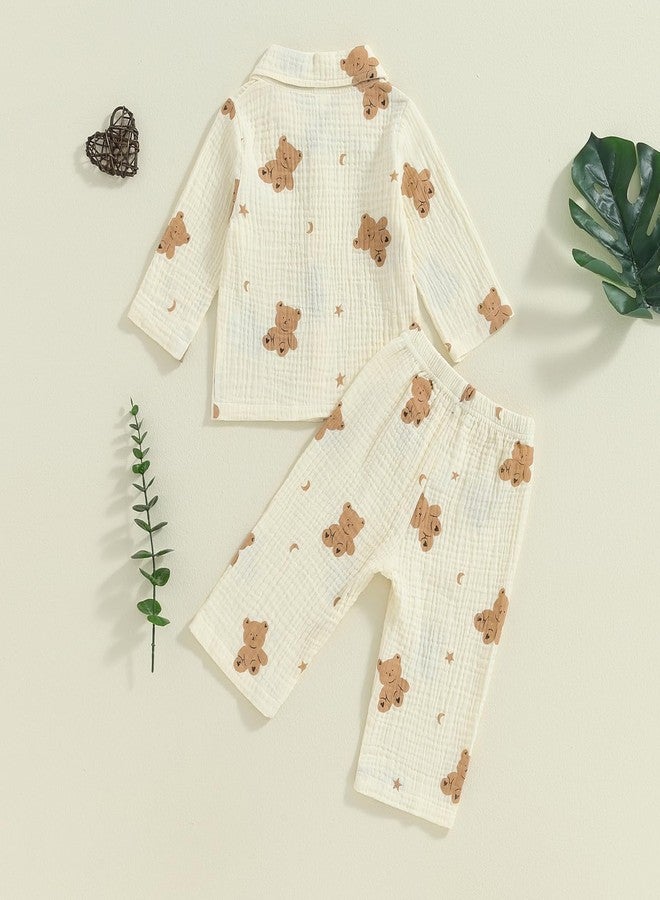 fyclemt Toddler Baby Girl Boy Halloween Pajamas Pumpkin Cotton Linen Long Sleeve Button Down Shirt Top Pants Kids Sleepwear Pjs Set (Beige Moon Bear Print, 12-18 Months) - Image 4