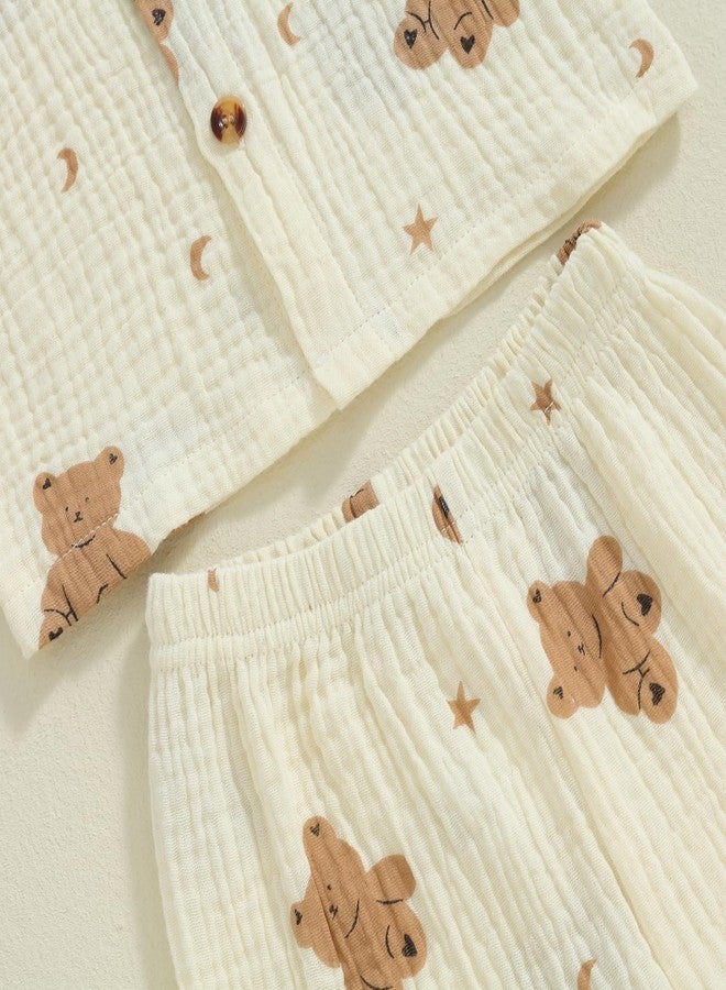 fyclemt Toddler Baby Girl Boy Halloween Pajamas Pumpkin Cotton Linen Long Sleeve Button Down Shirt Top Pants Kids Sleepwear Pjs Set (Beige Moon Bear Print, 12-18 Months) - Image 5